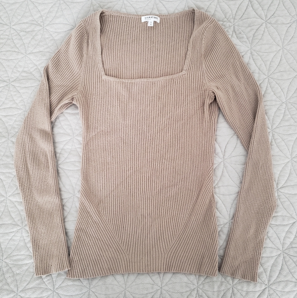 Signature Reitmans Ribbed Long Sleeve Square Neck Bodycon Top Tan Women's Small
